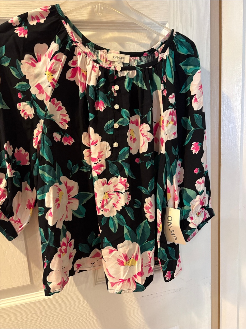Black Floral Button-Front Women's Blouse